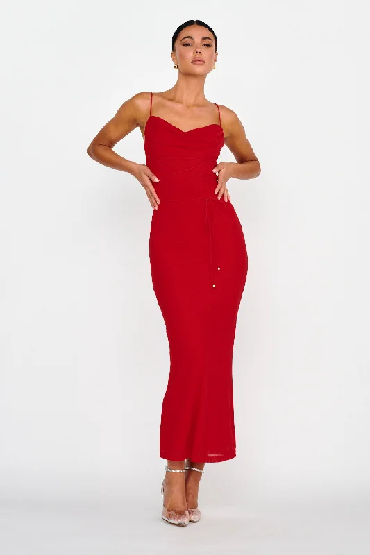Weekend Best Deals Teava Laced Waist Maxi Dress Red