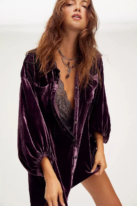 Weekend Shopping Extravaganza Vintage Bishop Sleeve Button Up Velvet High Low Shirt Dress - Purple