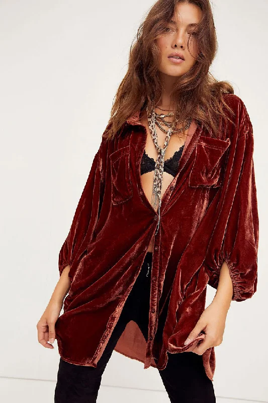 Weekend Hot Deals Vintage Bishop Sleeve Button Up Velvet High Low Shirt Dress - Rust