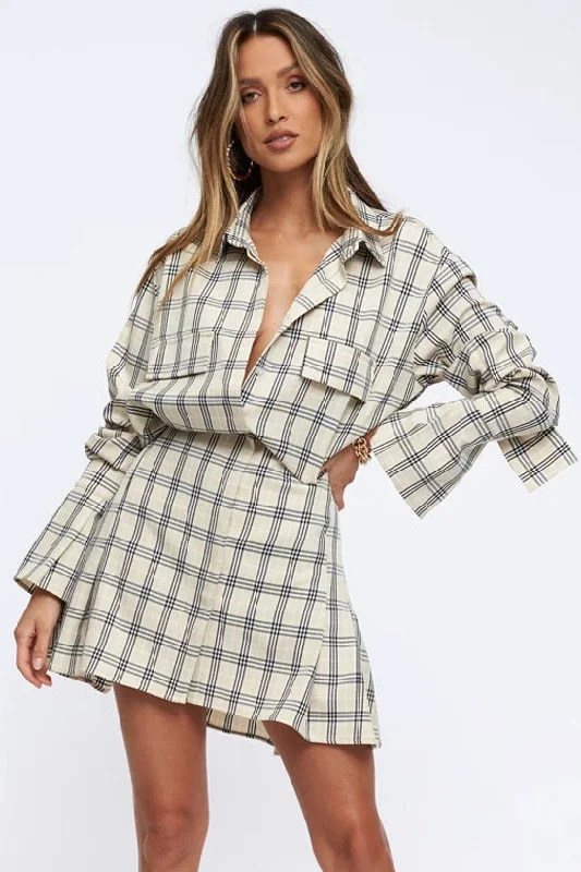 Weekend Steals and Deals Vintage Plaid Print Long Sleeve Button Down Mini Shirt Dress - Khaki