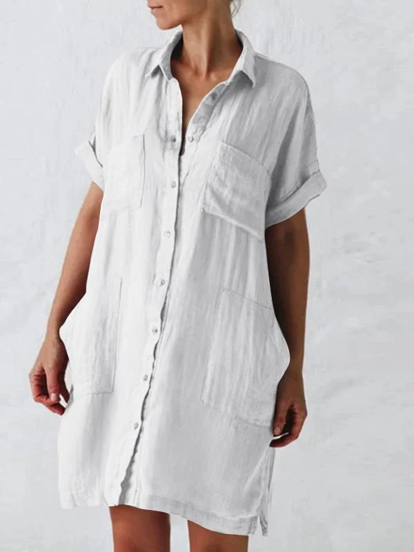 Weekend Bargain Bonanza Lapel Short Sleeve Pocket Shirt Dress