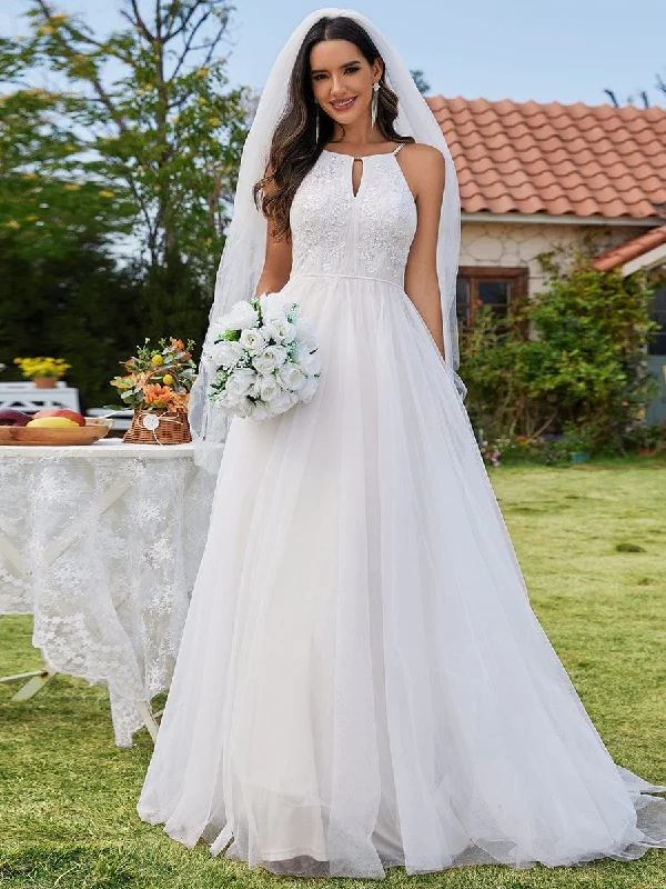 Price Slash Event A-Line Halter Neck Applique Wedding Dress with Tulle