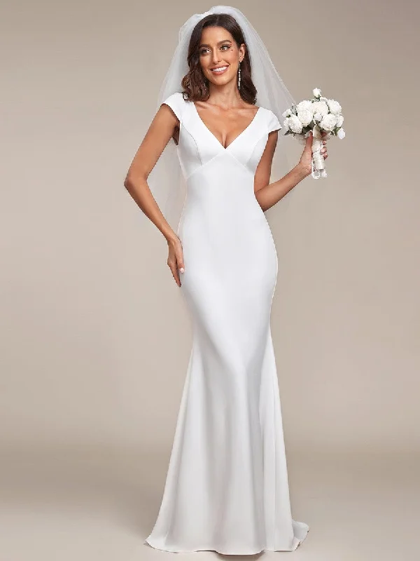 Super Price Slash Cap Sleeve Deep V-Neck Backless Fishtail Wedding Dress