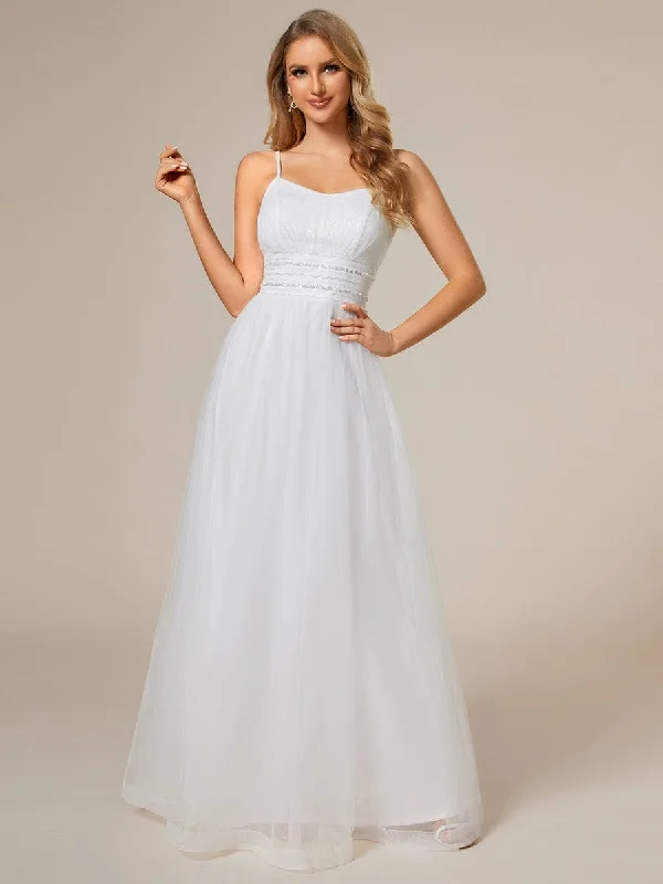 Hot Picks Classic Adjustable Spaghetti Strap Tulle Wedding Dress with Waist Paillette Chain