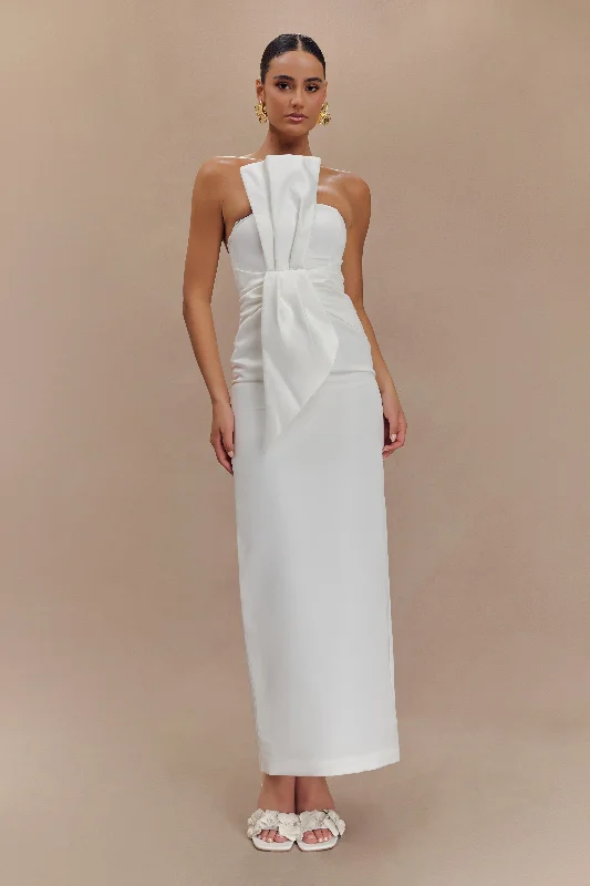 Weekend Shopping Spree Cyrill Strapless Satin Structured Maxi Dress - White