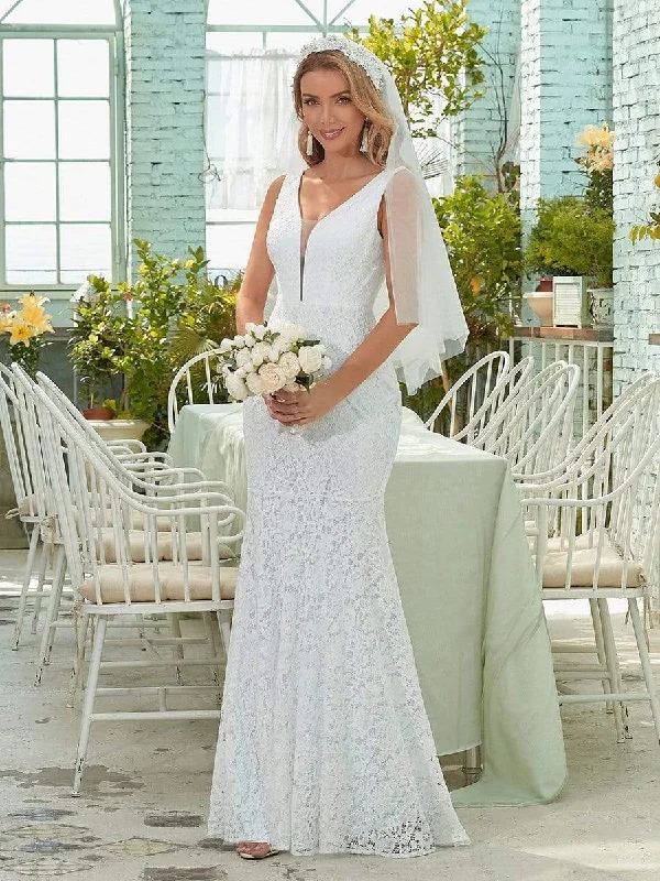 Weekend Sale Frenzy Dainty Deep V Neck Sleeveless Fishtail Lace Wedding Dress