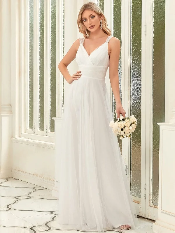 Final Sale Event Deep V Neck Pleated Bodice Simple Tulle Wedding Dress