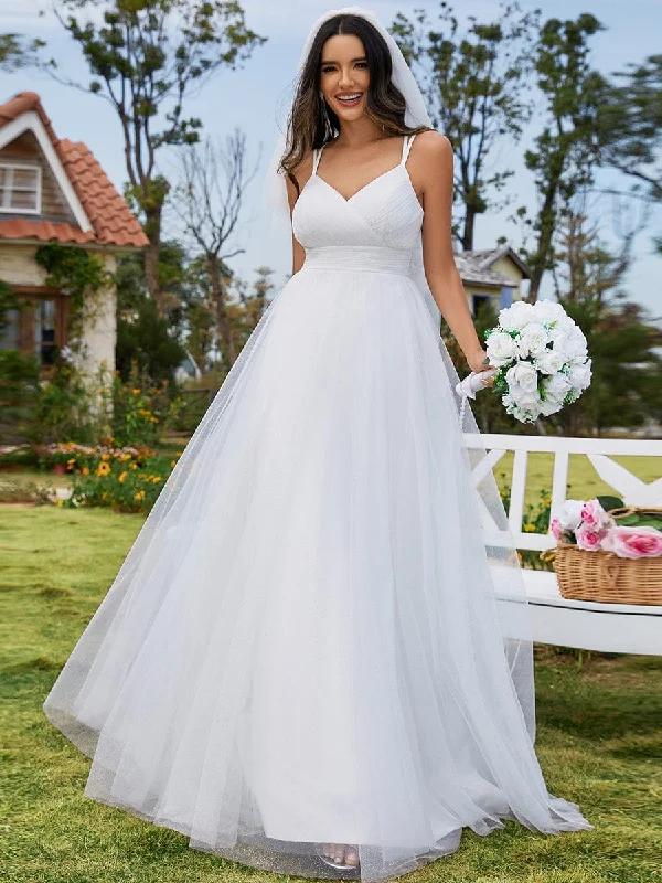 Shop & Save Now Delicate Bow Back Spaghetti Strap A-Line Wedding Dress with V-Neck