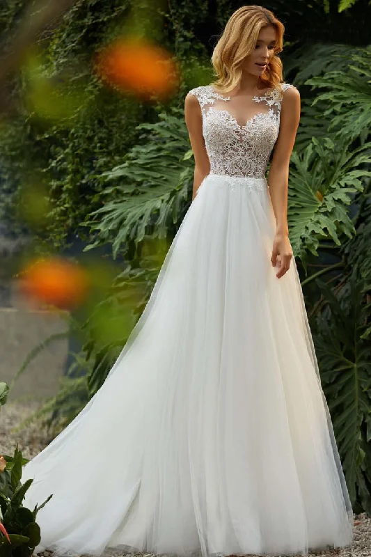 Weekend Hot Deals Delicate Lace Applique A-Line Tulle Maxi Wedding Dress - White