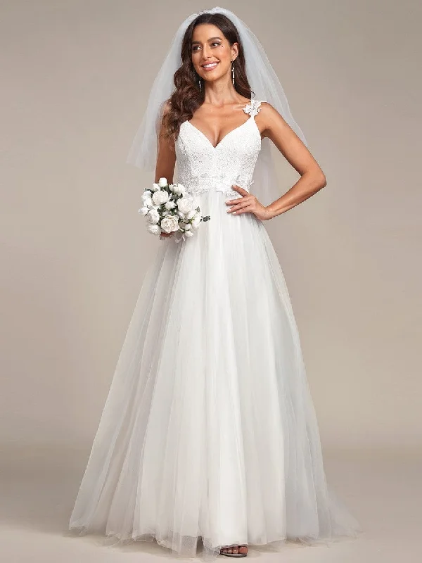 Weekend Discount Blast Double V Neck Lace Bodice Open Back Tulle Wedding Dress