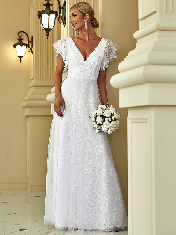 Weekend Bonanza Elegant Maxi Lace Elopement Wedding Dress with Ruffle Sleeves
