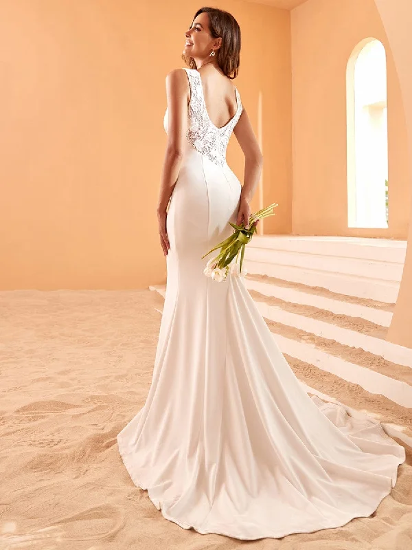 Limited Time Only Embroidery Backless Mermaid Sleeveless Deep V-Neck Wedding Dress