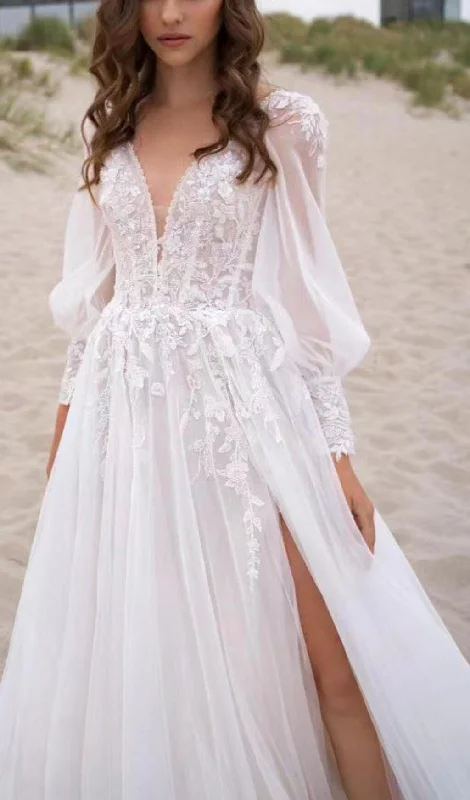 Weekend Buy More Save More HIGH SPLIT LONG-SLEEVED WEDDING DRESS IN WHITE
