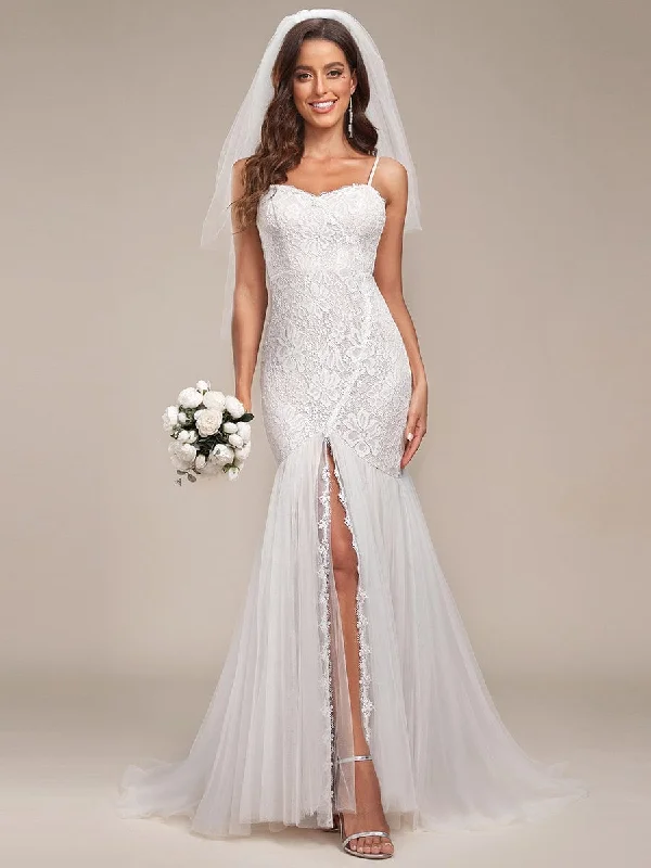 Limited Quantity Spaghetti Strap Lace Backless Long Fishtail Wedding Dress