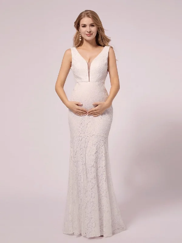 Weekend Steals Maxi Long Lace V-neck Fishtail Maternity Dress for Wedding