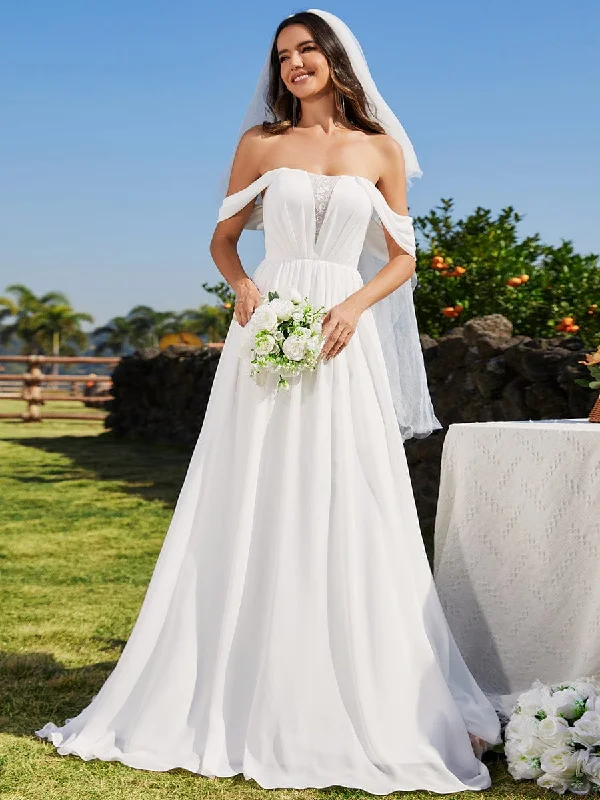 The Big Clearance Off Shoulder Lace-Up Back Chiffon A-Line Wedding Dress