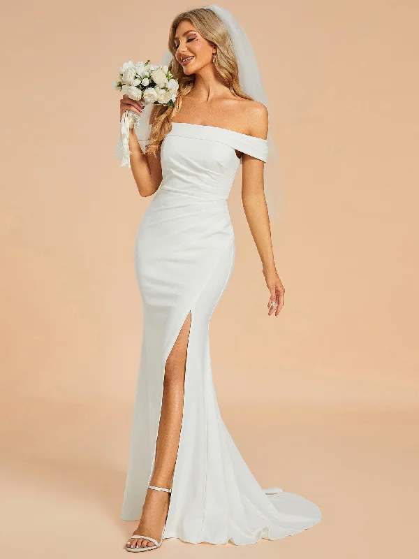 Best Deal of the Day Off Shoulder Pleated Mermaid Wedding Dress featuring High Slit