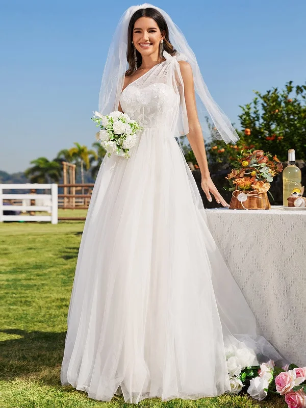 Exclusive Online Offers One-Shoulder Backless Tulle Wedding Dress with Front Floral Print Exclusive Online Offers One-Shoulder Backless Tulle Wedding Dress with Front Floral Print