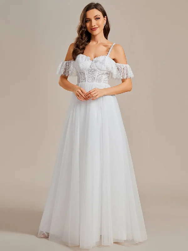 Exclusive Savings Event Romantic See-Through Lace Bodice Spaghetti Strap Short Sleeve Tulle Wedding Dress Exclusive Savings Event Romantic See-Through Lace Bodice Spaghetti Strap Short Sleeve Tulle Wedding Dress