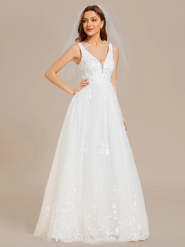 Price Slash Alert Sleeveless V-Neck A Line Embroidered Tulle Wedding Dress with Applique Price Slash Alert Sleeveless V-Neck A Line Embroidered Tulle Wedding Dress with Applique