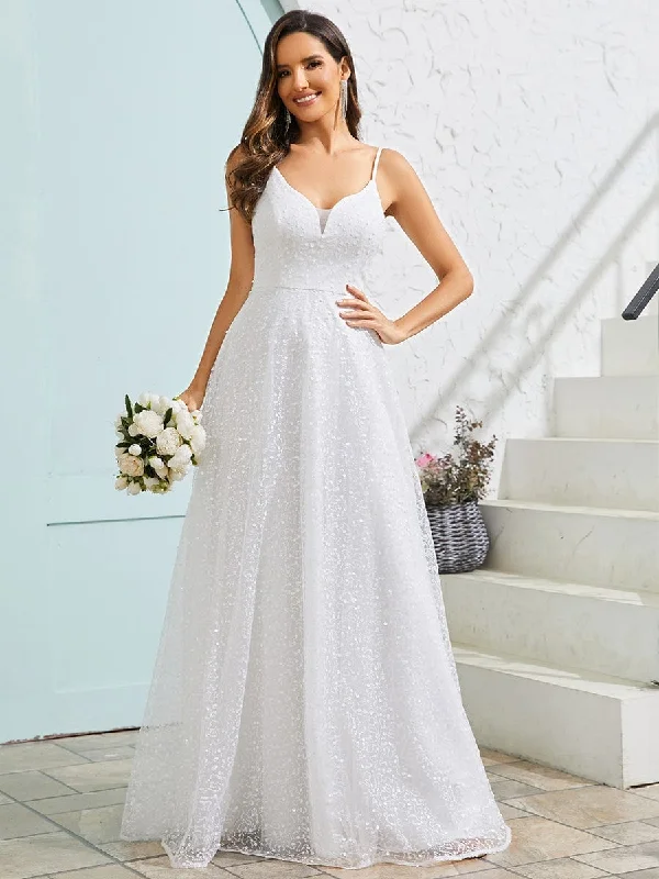 Today’s Flash Sale Sleeveless V-Neck Paillette Tulle Backless A-Line Wedding Dress
