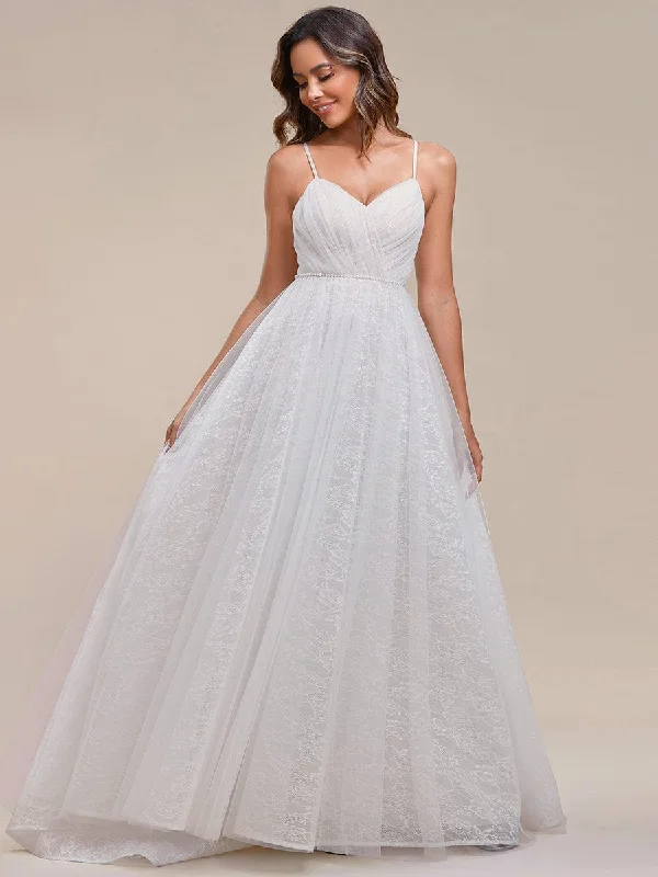 Exclusive Discounts Just for You Spaghetti Strap Waist Pearl Sweetheart Collar Tulle Wedding Dress with Lace Exclusive Discounts Just for You Spaghetti Strap Waist Pearl Sweetheart Collar Tulle Wedding Dress with Lace
