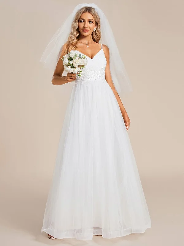 Exclusive Flash Sale Spaghetti Straps V-Neck Waist Applique A-Line Tulle Wedding Dress Exclusive Flash Sale Spaghetti Straps V-Neck Waist Applique A-Line Tulle Wedding Dress