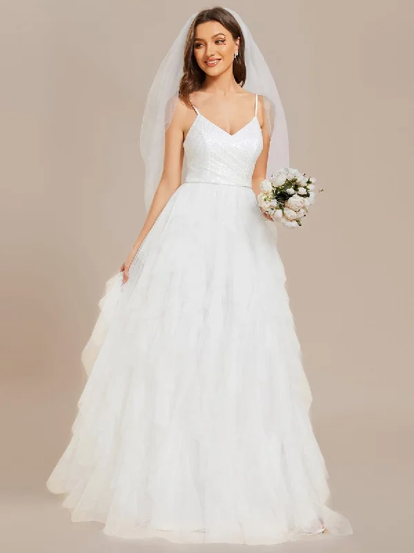 Deal Frenzy Sparkling V-Neck Spaghetti Straps Tiered Tulle Wedding Dress
