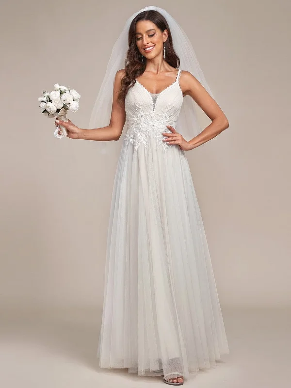 Today Only Tulle Floral Spaghetti Strap Illusion V-Neck A-Line Wedding Dress