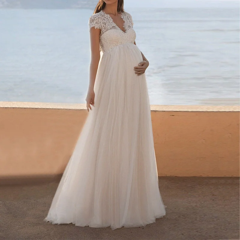 Weekend Flash Sale DressBetty - White Maternity Woman Open Back V-Neck Long Wedding Dress Weekend Flash Sale DressBetty - White Maternity Woman Open Back V-Neck Long Wedding Dress