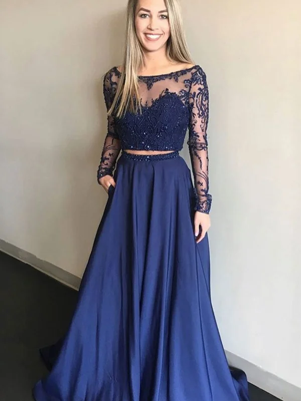 Weekend Shopping Spree 2 Pieces Long Sleeves Navy Blue Lace Prom Dresses, Navy Blue Two Pieces Lace Formal Bridesmaid Dresses