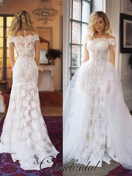 Flash Discounts 2 Pieces Sheath Lace Tulle Wedding Dresses, Lunury Bridal Gown