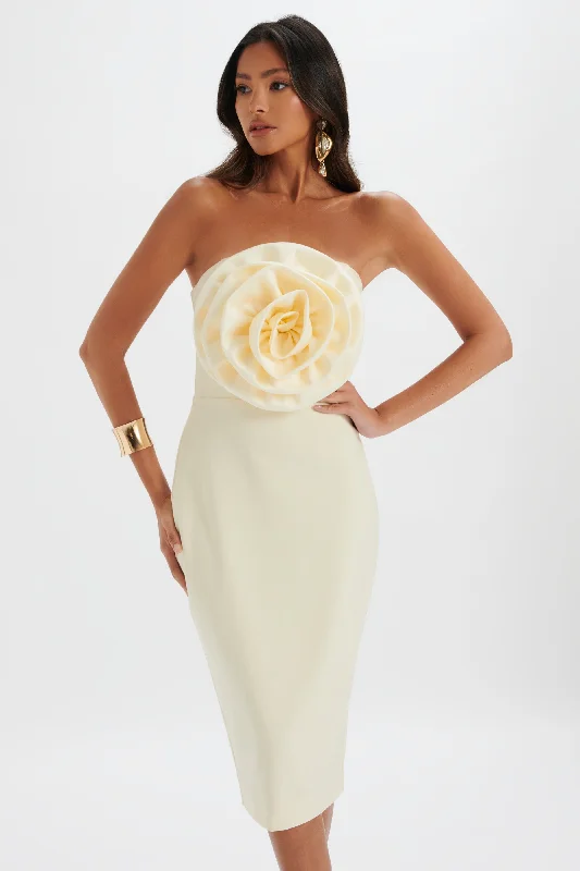 Weekend Deal Rush BELLE 3D Flower Bandeau Midi Dress in Champagne