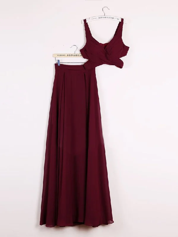 Weekend Price Slash Day A Line 2 Pieces Floor Length Burgundy Chiffon Prom Dress, 2 Pieces Burgundy Formal Dresses, Bridesmaid Dresses