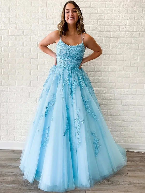 Weekend Price Breaks A Line Blue Backless Tulle Lace Long Prom Dresses, Open Back Blue Lace Formal Evening Dresses Weekend Price Breaks A Line Blue Backless Tulle Lace Long Prom Dresses, Open Back Blue Lace Formal Evening Dresses