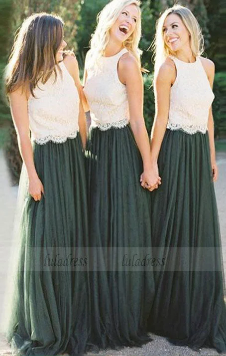 Special Price Drop A-Line Round Neck Dark Green Bridesmaid Dresses with white Lace