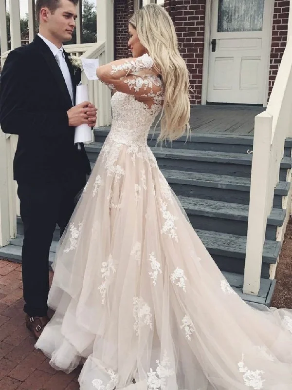 Exclusive Offer A Line Champagne Long Sleeves Lace Wedding Dresses, Champagne Lace Prom Dresses, Lace Evening Dresses Exclusive Offer A Line Champagne Long Sleeves Lace Wedding Dresses, Champagne Lace Prom Dresses, Lace Evening Dresses