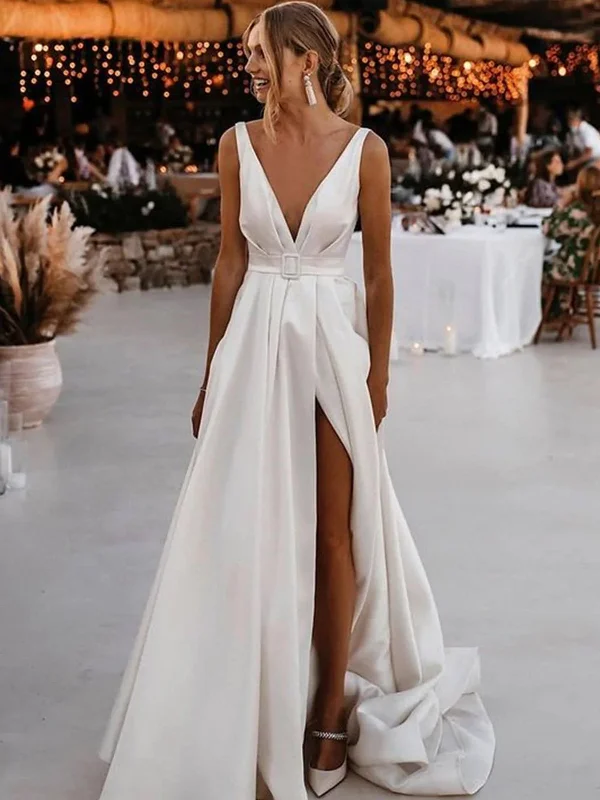 Weekend Bargain Deals A Line Deep V Neck Ivory Satin Wedding Dresses, V Neck Ivory Satin Prom Evening Dresses with Leg Slit Weekend Bargain Deals A Line Deep V Neck Ivory Satin Wedding Dresses, V Neck Ivory Satin Prom Evening Dresses with Leg Slit