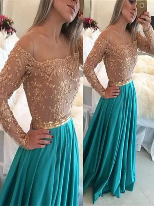 Limited Stock A Line Long Sleeves Champagne and Turquoise Lace Prom Dress, Turquoise Bridesmaid Dress, Lace Formal Dress