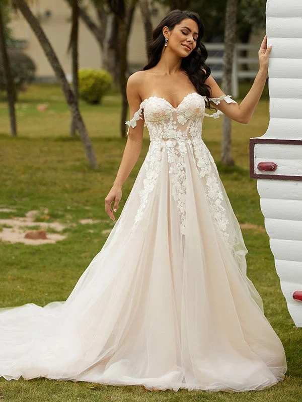 Mega Discounts A-Line/Princess Tulle Applique Off-the-Shoulder Sleeveless Chapel Train Wedding Dresses Mega Discounts A-Line/Princess Tulle Applique Off-the-Shoulder Sleeveless Chapel Train Wedding Dresses