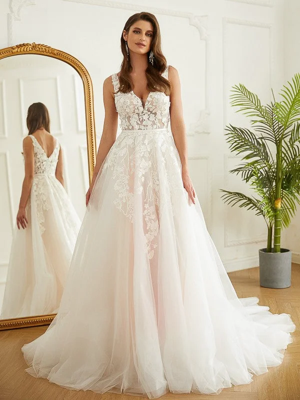 Weekend Deals You’ve Been Waiting For A-Line/Princess Tulle Applique V-neck Sleeveless Chapel Train Wedding Dresses Weekend Deals You’ve Been Waiting For A-Line/Princess Tulle Applique V-neck Sleeveless Chapel Train Wedding Dresses