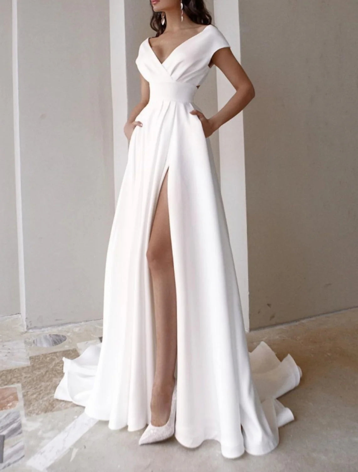 Weekend Special Offers A-line/Princess V-neck cover sleeve front slit sweeping/brush trailing wedding dress Weekend Special Offers A-line/Princess V-neck cover sleeve front slit sweeping/brush trailing wedding dress