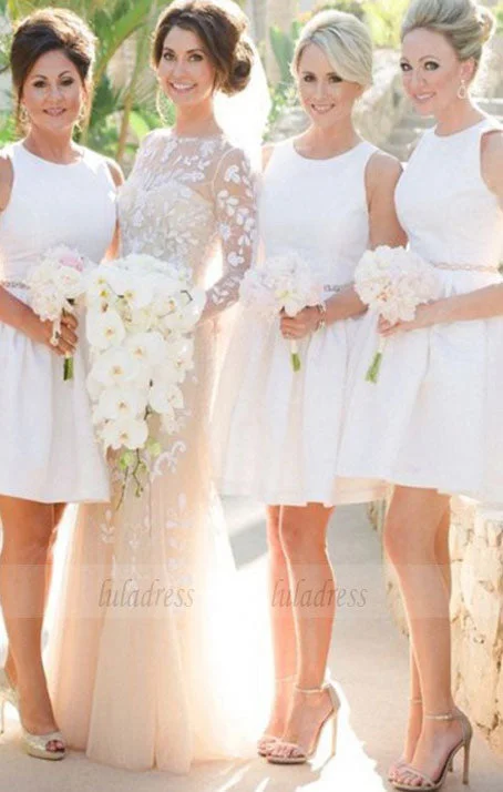 Only for You A-Line Round Neck Short White Satin Bridesmaid Dress with Beading