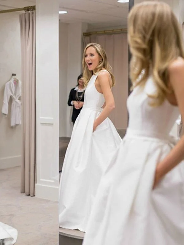 One-Day Sale A Line Round Neck White Prom Dresses with Cross Back, White Wedding Dress with Pocket One-Day Sale A Line Round Neck White Prom Dresses with Cross Back, White Wedding Dress with Pocket
