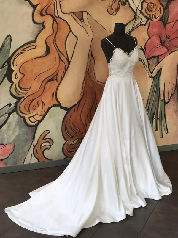 Unbeatable Prices A-line Spaghetti Straps Ivory Satin Wedding Dress With Lace Appliques Unbeatable Prices A-line Spaghetti Straps Ivory Satin Wedding Dress With Lace Appliques