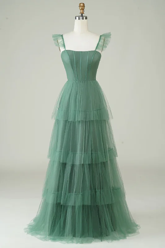 Weekend Wonders A Line Spaghetti Straps Tulle Tiered Long Prom Dress Bridesmaid Dress, DP2575 Weekend Wonders A Line Spaghetti Straps Tulle Tiered Long Prom Dress Bridesmaid Dress, DP2575