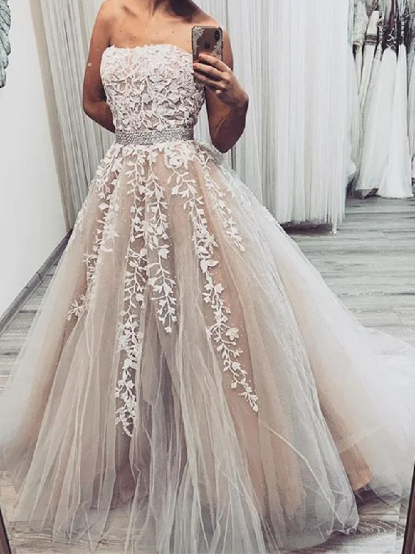 One-Day Sale A Line Strapless Champagne Lace long Wedding Dress, Champagne Lace Long Prom Dresses Formal Graduation Evening Dresses One-Day Sale A Line Strapless Champagne Lace long Wedding Dress, Champagne Lace Long Prom Dresses Formal Graduation Evening Dresses