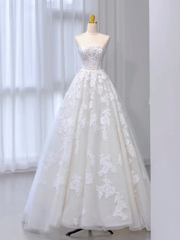 Weekend Flash Discount A-Line Tulle Lace ivory Sweep Train Long Wedding Dress