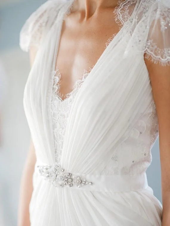 Limited-Time Deal A Line V neck Cap Sleeves White Long Lace Wedding Dress