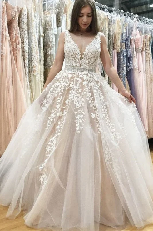 Limited Time Bargain A Line V Neck Long Ivory Lace Appliques Wedding Dresses Beads Tulle Prom Dresses,DS4063 Limited Time Bargain A Line V Neck Long Ivory Lace Appliques Wedding Dresses Beads Tulle Prom Dresses,DS4063